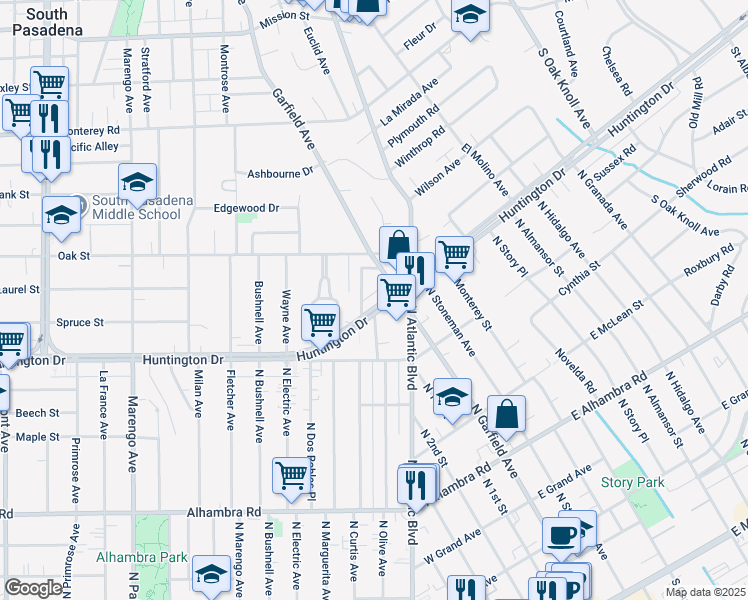 map of restaurants, bars, coffee shops, grocery stores, and more near 2120 Huntington Drive in South Pasadena