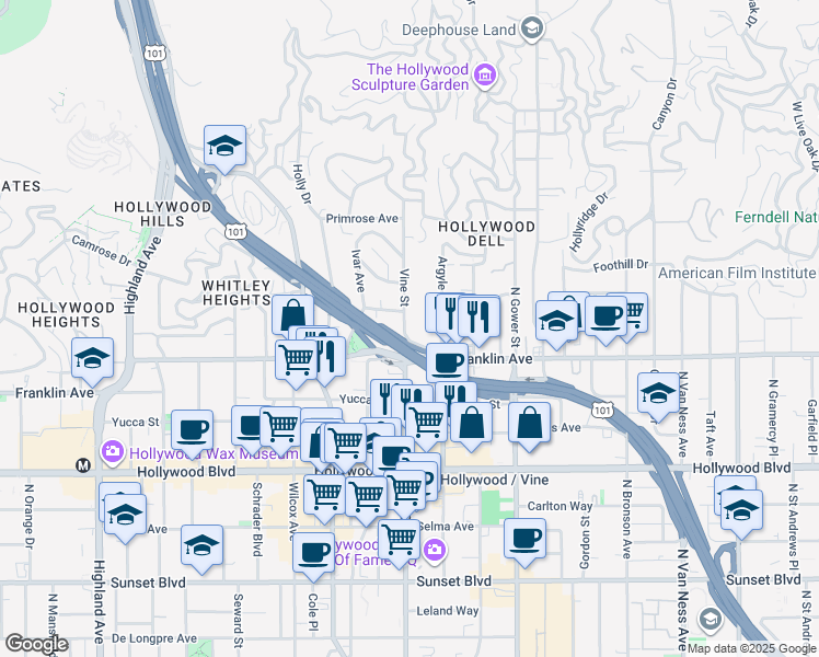 map of restaurants, bars, coffee shops, grocery stores, and more near 1919 Argyle Avenue in Los Angeles