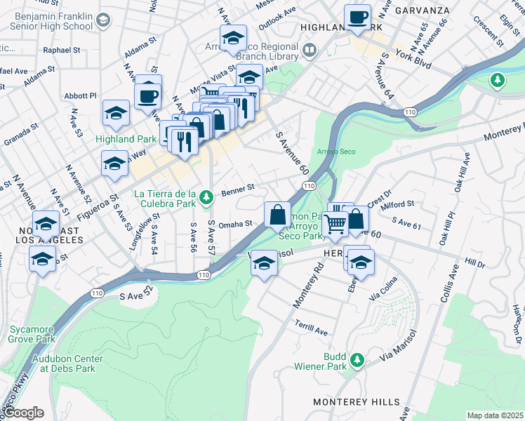 map of restaurants, bars, coffee shops, grocery stores, and more near 300 South Avenue 58 in Los Angeles