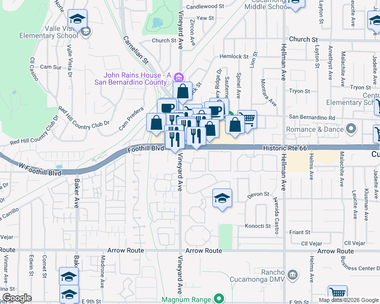 map of restaurants, bars, coffee shops, grocery stores, and more near 8919 Foothill Boulevard in Rancho Cucamonga