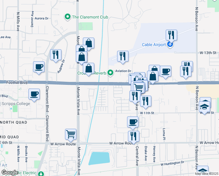 map of restaurants, bars, coffee shops, grocery stores, and more near 2176 West Foothill Boulevard in Upland