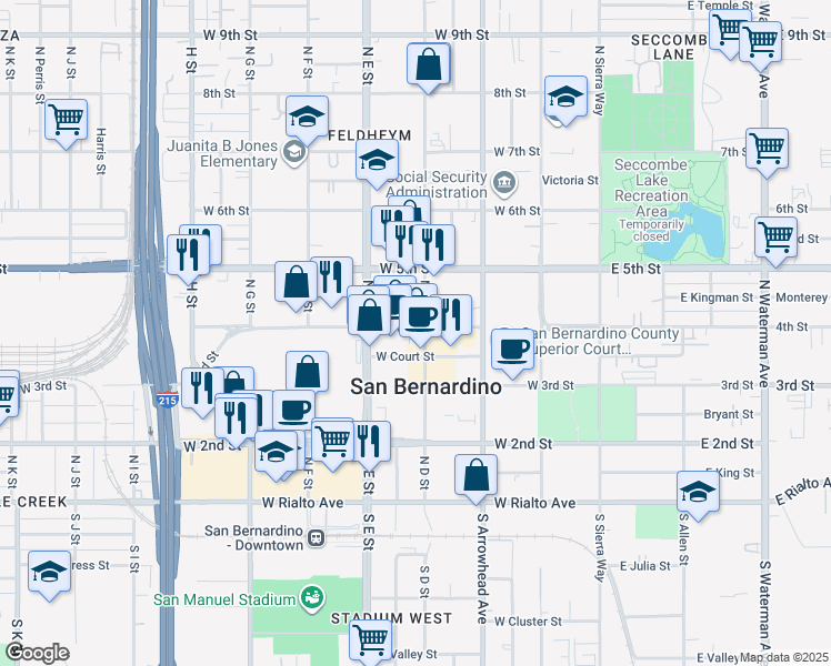 map of restaurants, bars, coffee shops, grocery stores, and more near 401 West 4th Street in San Bernardino
