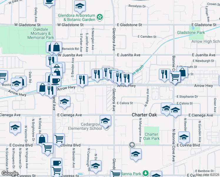 map of restaurants, bars, coffee shops, grocery stores, and more near 19850 East Arrow Highway in Covina