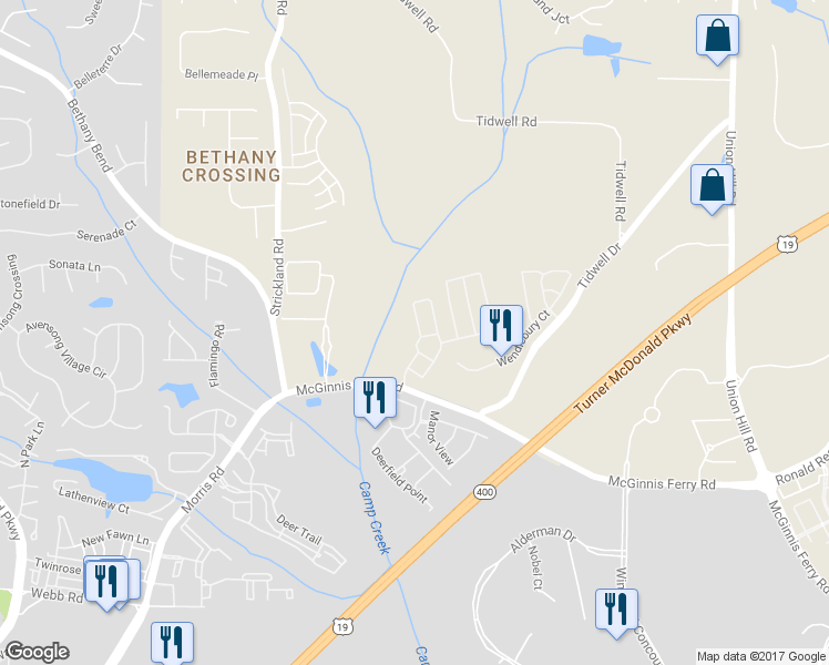 map of restaurants, bars, coffee shops, grocery stores, and more near 1390 Thornborough Drive in Alpharetta