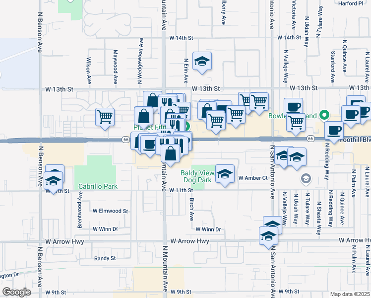 map of restaurants, bars, coffee shops, grocery stores, and more near 1023 West Foothill Boulevard in Upland