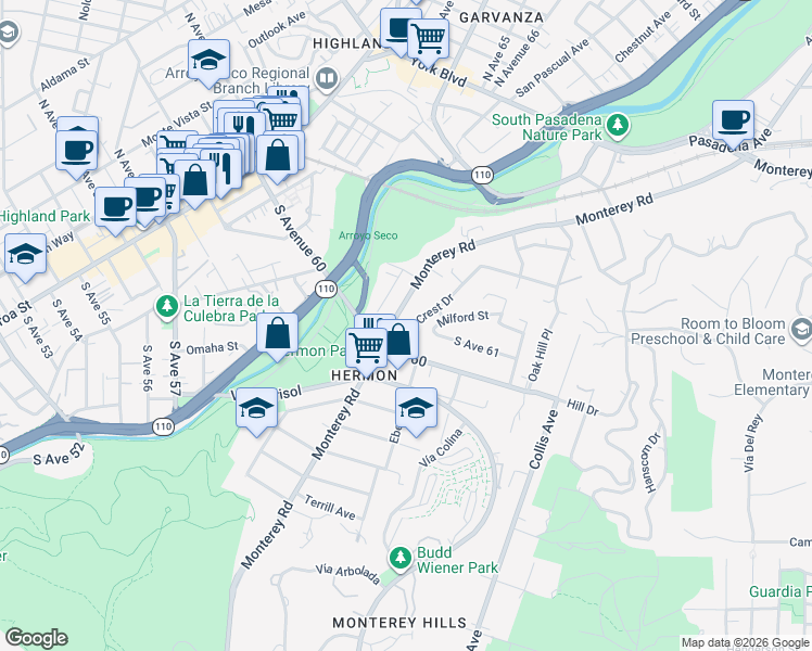 map of restaurants, bars, coffee shops, grocery stores, and more near 6117 Monterey Road in Los Angeles