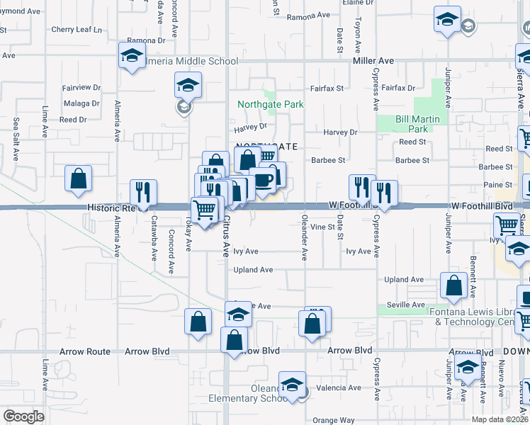 map of restaurants, bars, coffee shops, grocery stores, and more near 16192 West Historic Route 66 in Fontana