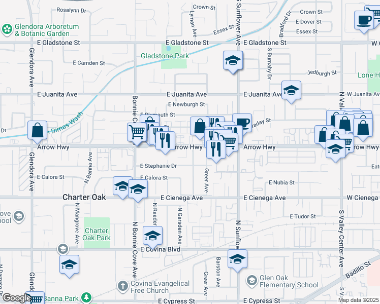 map of restaurants, bars, coffee shops, grocery stores, and more near 715 East Arrow Highway in Glendora