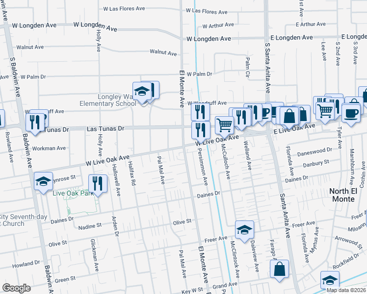 map of restaurants, bars, coffee shops, grocery stores, and more near El Monte Avenue in Arcadia