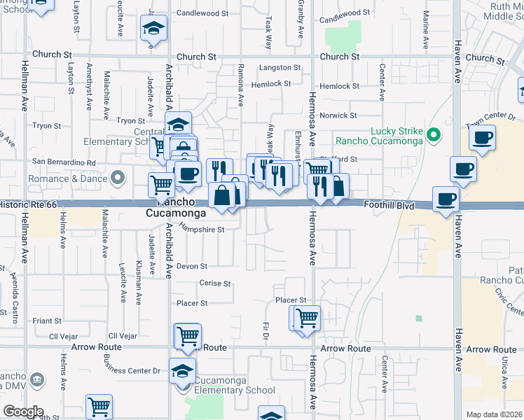 map of restaurants, bars, coffee shops, grocery stores, and more near 9950 Foothill Boulevard in Rancho Cucamonga