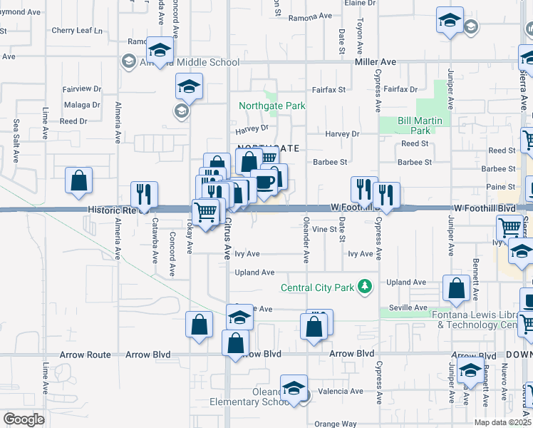 map of restaurants, bars, coffee shops, grocery stores, and more near 16205 Foothill Boulevard in Fontana