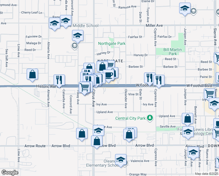 map of restaurants, bars, coffee shops, grocery stores, and more near 16205 Foothill Boulevard in Fontana