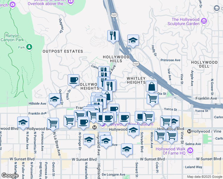 map of restaurants, bars, coffee shops, grocery stores, and more near 1940 Highland Avenue in Los Angeles