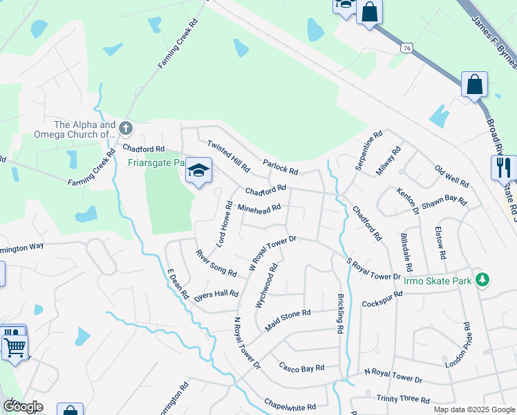map of restaurants, bars, coffee shops, grocery stores, and more near 142 Minehead Road in Irmo