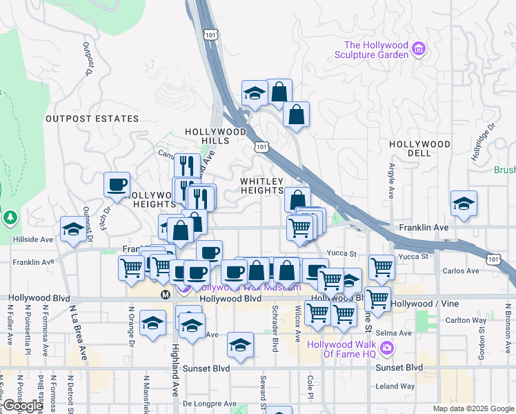 map of restaurants, bars, coffee shops, grocery stores, and more near 1929 Whitley Ave in Los Angeles