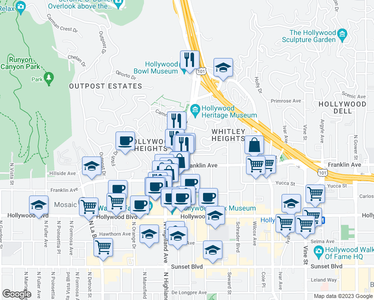 map of restaurants, bars, coffee shops, grocery stores, and more near 2010 North Highland Avenue in Los Angeles