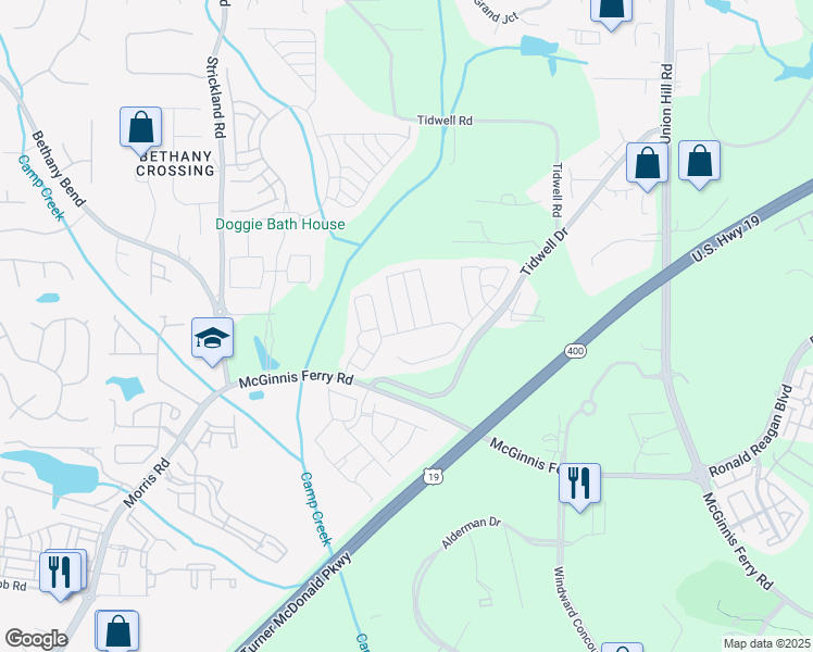 map of restaurants, bars, coffee shops, grocery stores, and more near 1010 Bendleton Trace in Alpharetta