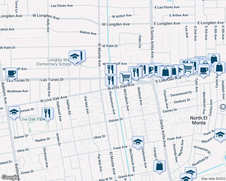 map of restaurants, bars, coffee shops, grocery stores, and more near 140 West Live Oak Avenue in Arcadia