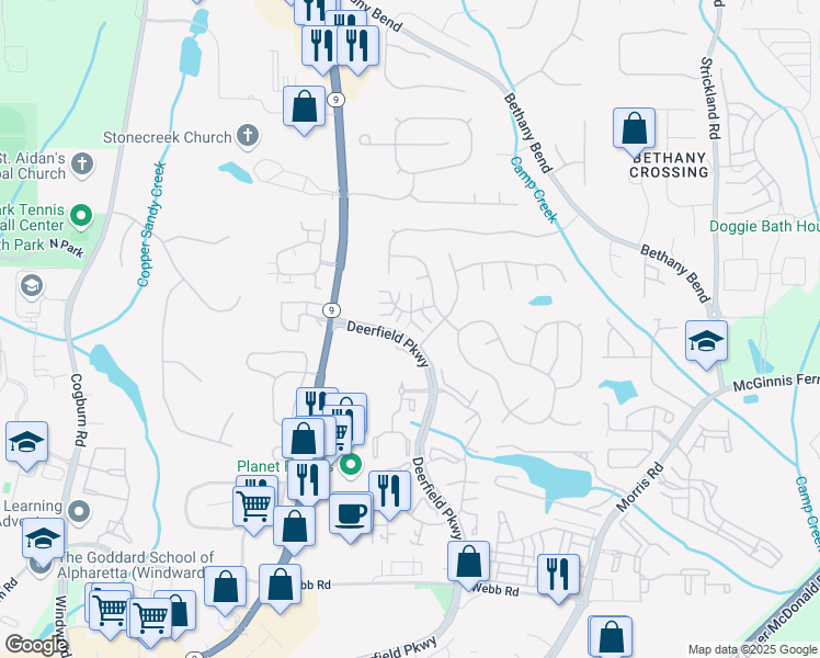 map of restaurants, bars, coffee shops, grocery stores, and more near 215 Harmony Court in Alpharetta