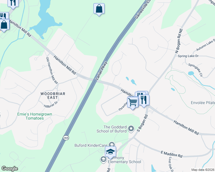map of restaurants, bars, coffee shops, grocery stores, and more near 4231 Hamilton Mill Road in Buford