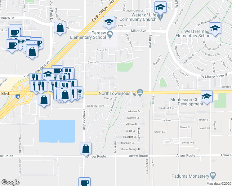 map of restaurants, bars, coffee shops, grocery stores, and more near 13288 Foothill Boulevard in Rancho Cucamonga