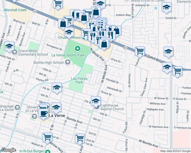 map of restaurants, bars, coffee shops, grocery stores, and more near 3045 Knollwood Avenue in La Verne
