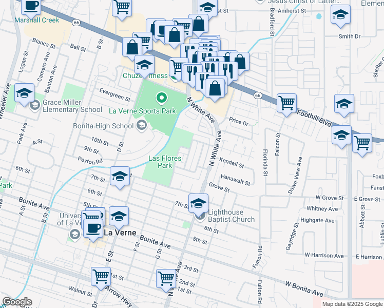 map of restaurants, bars, coffee shops, grocery stores, and more near 3066 Winfield Avenue in La Verne