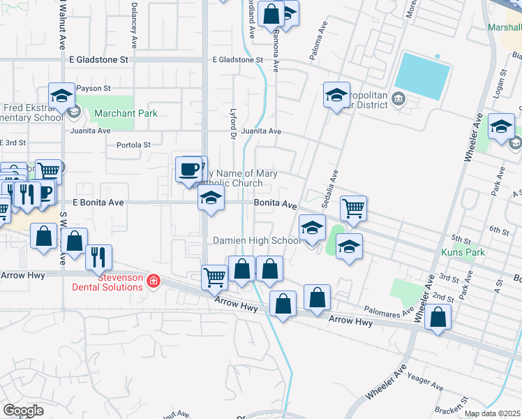 map of restaurants, bars, coffee shops, grocery stores, and more near 829 Bonita Avenue in La Verne