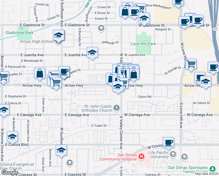 map of restaurants, bars, coffee shops, grocery stores, and more near 21312 East Arrow Highway in Covina