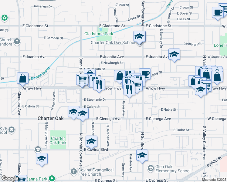 map of restaurants, bars, coffee shops, grocery stores, and more near 715 East Arrow Highway in Glendora