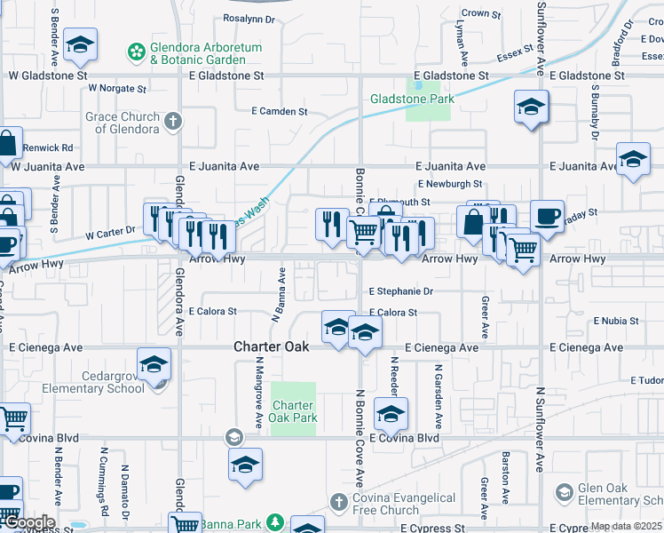 map of restaurants, bars, coffee shops, grocery stores, and more near 401 East Arrow Highway in Glendora
