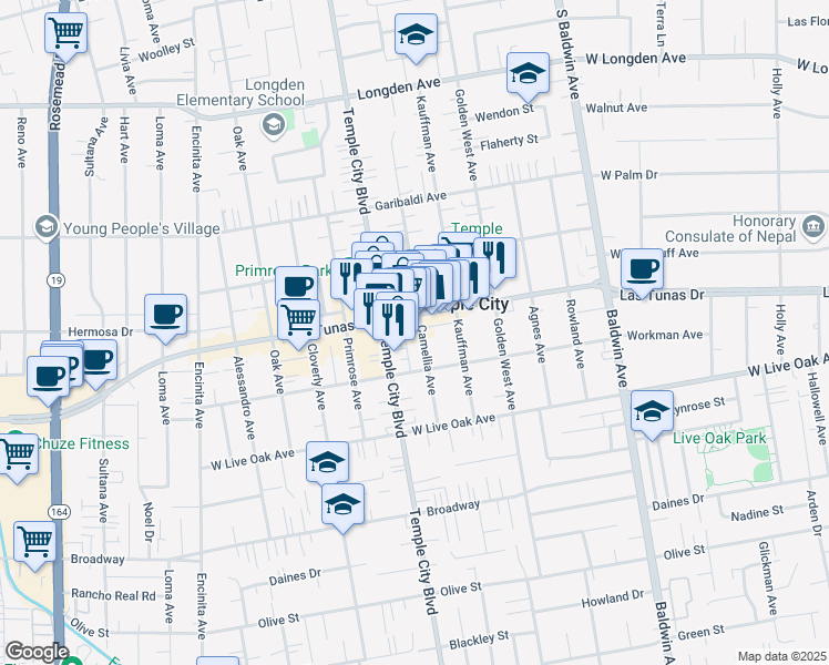 map of restaurants, bars, coffee shops, grocery stores, and more near 9659 East Las Tunas Drive in Temple City