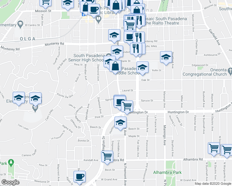 map of restaurants, bars, coffee shops, grocery stores, and more near 1623 Fremont Avenue in South Pasadena