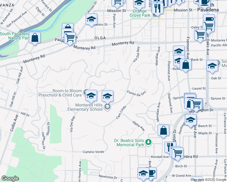map of restaurants, bars, coffee shops, grocery stores, and more near 1716 Diamond Avenue in South Pasadena