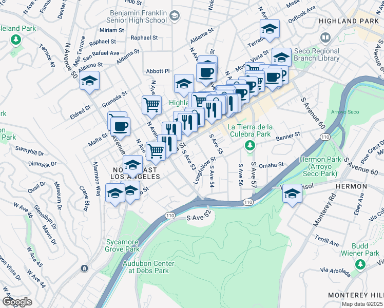 map of restaurants, bars, coffee shops, grocery stores, and more near 118 South Avenue 54 in Los Angeles