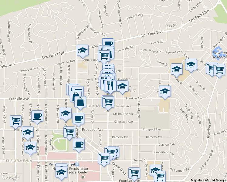 map of restaurants, bars, coffee shops, grocery stores, and more near 4451 Clarissa Avenue in Los Angeles