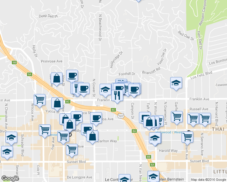 map of restaurants, bars, coffee shops, grocery stores, and more near in Los Angeles