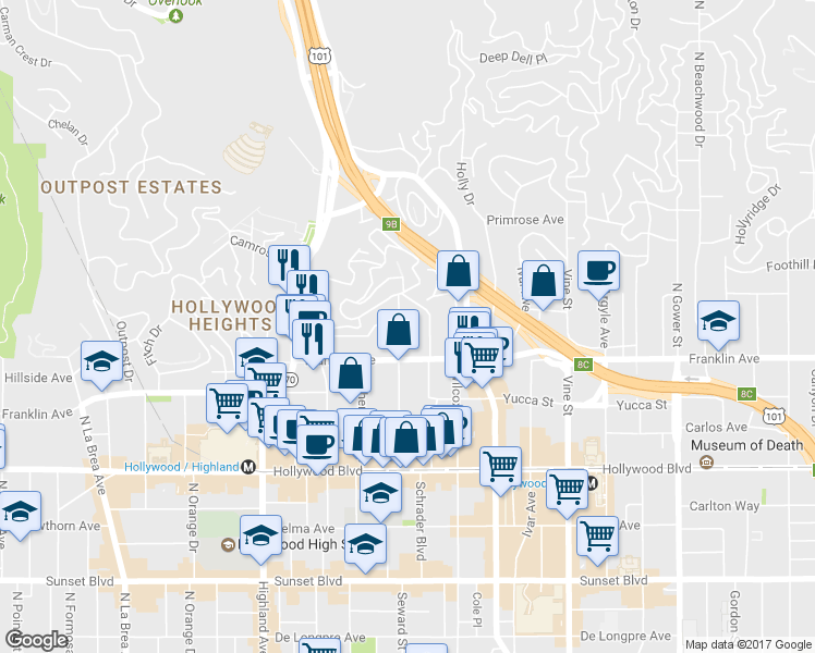map of restaurants, bars, coffee shops, grocery stores, and more near 1965 Whitley Avenue in Los Angeles