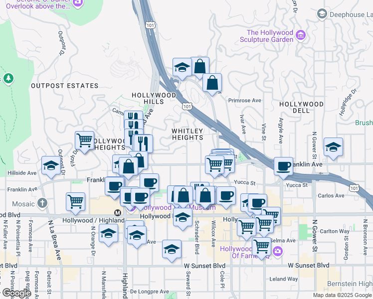 map of restaurants, bars, coffee shops, grocery stores, and more near 1965 Whitley Avenue in Los Angeles