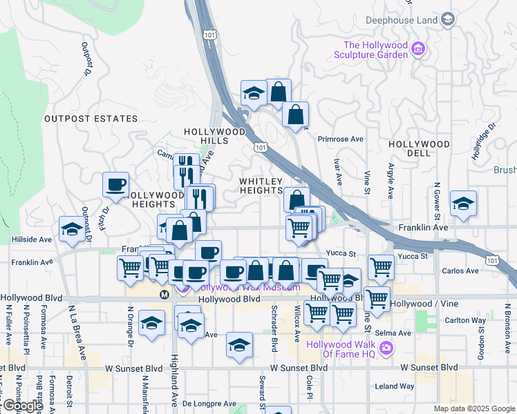 map of restaurants, bars, coffee shops, grocery stores, and more near 1965 Whitley Avenue in Los Angeles