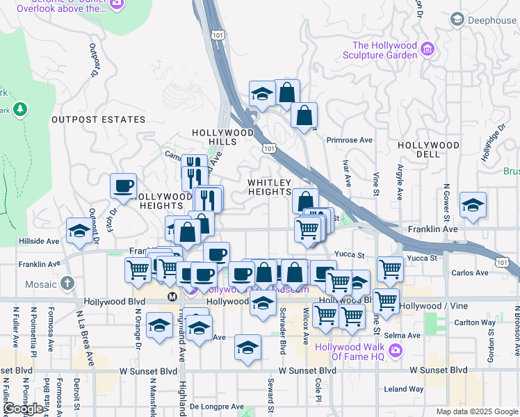 map of restaurants, bars, coffee shops, grocery stores, and more near 1965 Whitley Avenue in Los Angeles