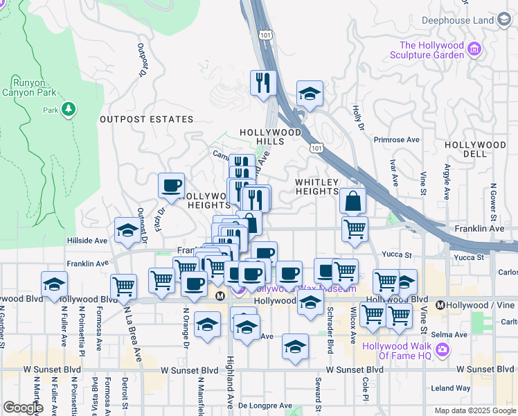 map of restaurants, bars, coffee shops, grocery stores, and more near 2010 North Highland Avenue in Los Angeles