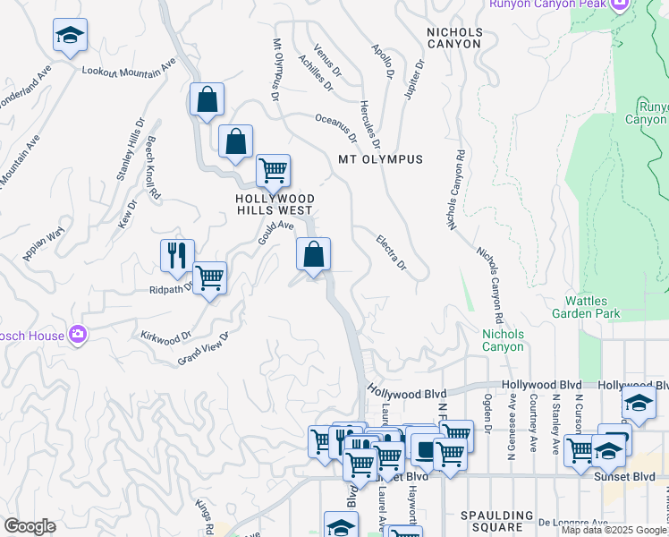 map of restaurants, bars, coffee shops, grocery stores, and more near 1961 Mount Olympus Drive in Los Angeles