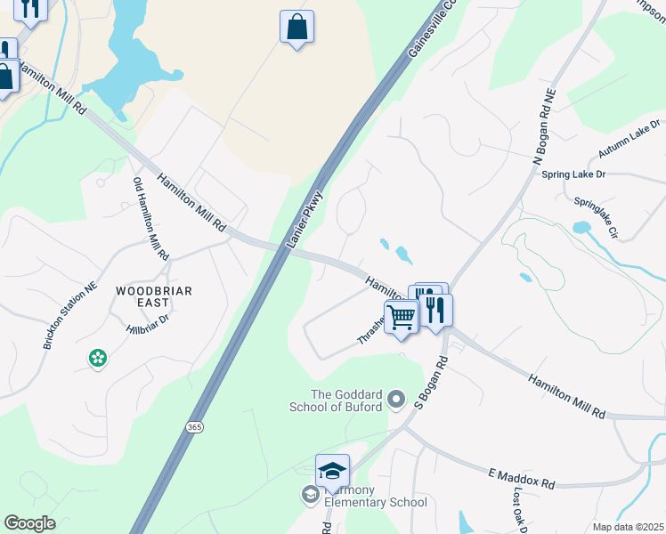 map of restaurants, bars, coffee shops, grocery stores, and more near 4238 Hamilton Mill Road in Buford