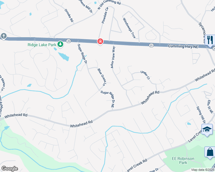 map of restaurants, bars, coffee shops, grocery stores, and more near 5269 Blue Grass Lane in Sugar Hill