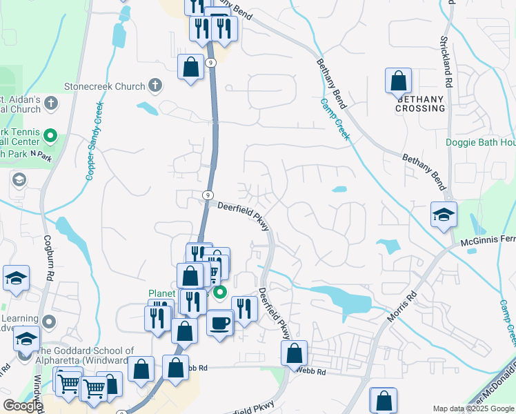 map of restaurants, bars, coffee shops, grocery stores, and more near 215 Harmony Court in Alpharetta