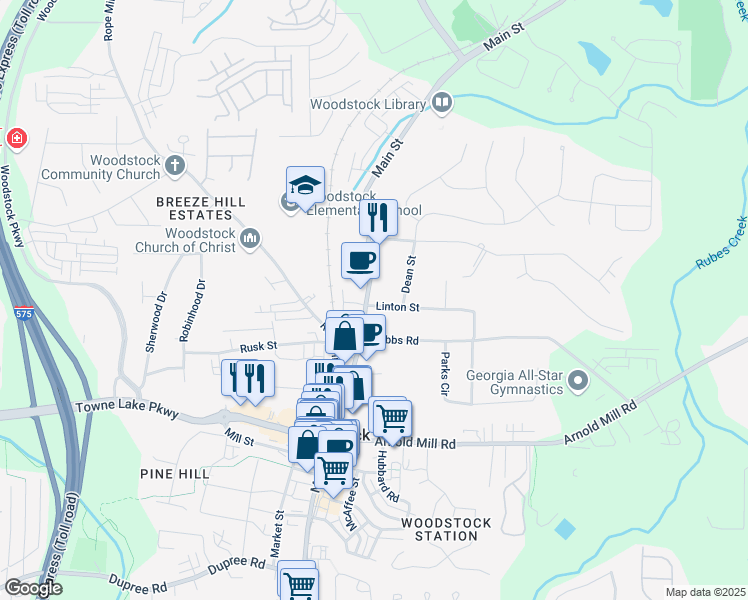 map of restaurants, bars, coffee shops, grocery stores, and more near 8217 Main Street in Woodstock