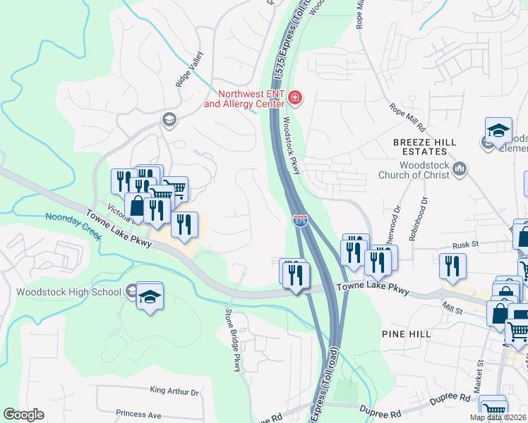 map of restaurants, bars, coffee shops, grocery stores, and more near 528 Parkstone Lane in Woodstock