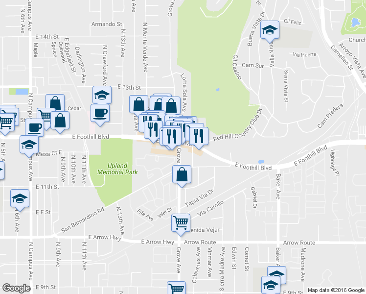 map of restaurants, bars, coffee shops, grocery stores, and more near 8111 Foothill Boulevard in Rancho Cucamonga