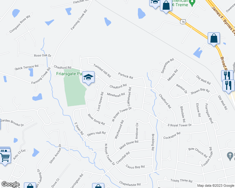 map of restaurants, bars, coffee shops, grocery stores, and more near 136 Minehead Road in Irmo